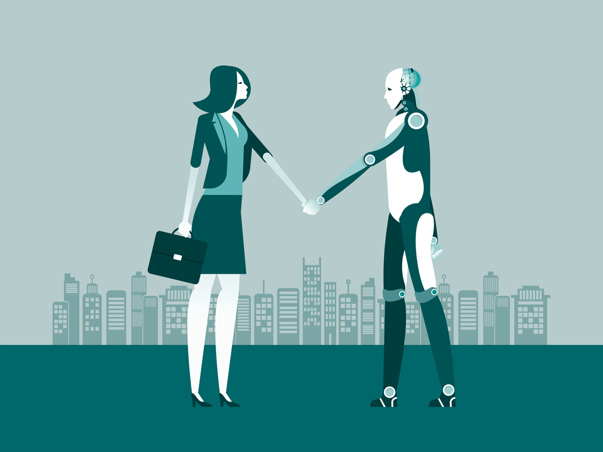 Illustration showing employee engaging with robot and adapting to work in the future