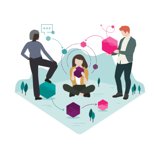 Illustration showing diverse mix of employees communicating and interacting with each other