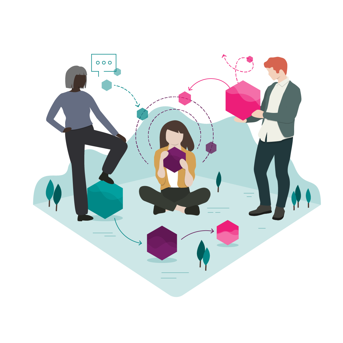 Illustration showing diverse mix of employees communicating and interacting with each other